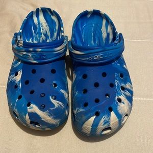 Blue and white crocs